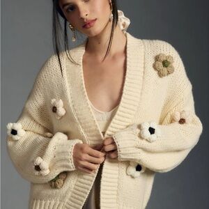 Anthropologie Cream Knit Cardigan with Floral Accents
